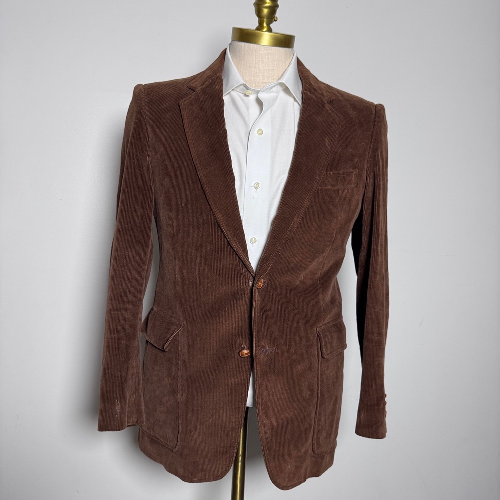 Jordache Blazer Mens 39R Brown Corduroy Solid Notch Lapel Vintage Sport Coat